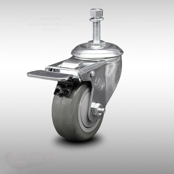 3 Inch SS Gray Polyurethane 3/8 Inch Threaded Stem Caster with Total Lock Brake